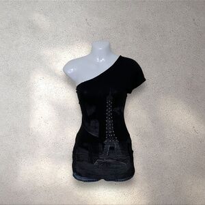 Retro Doll Y2K Black Rhinestone “Paris” One-Shoulder Top | Asymmetrical Graphic